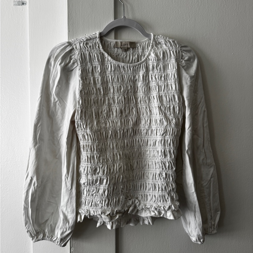 Loft White Puff Sleeve Ruched Smocked Blouse